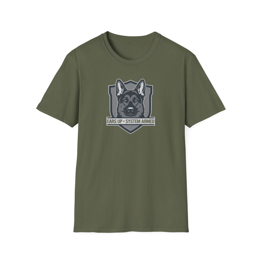 German Shepherd Badge T-Shirt — "Ears Up / System Armed" K9 Handler Tee