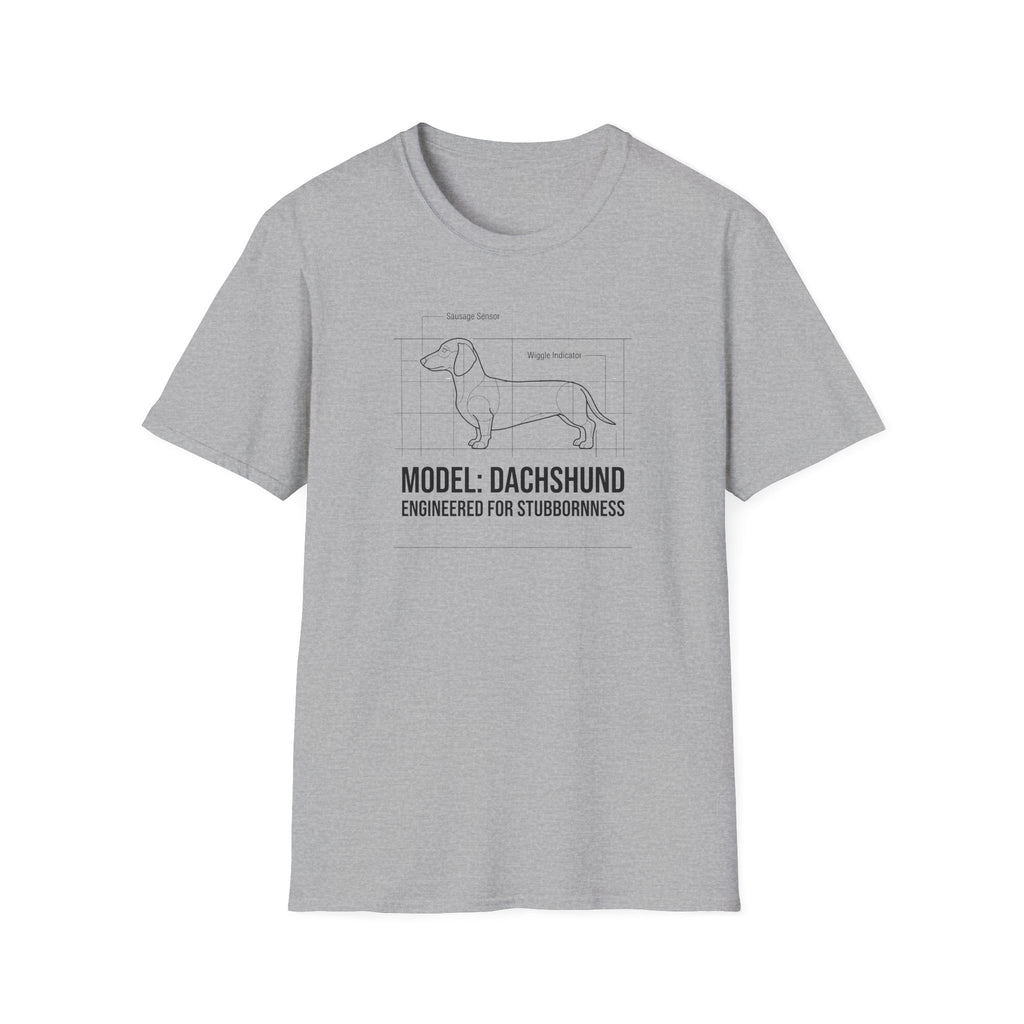 Dachshund Diagram T-Shirt — “Model: Dachshund Engineered for Stubbornness”