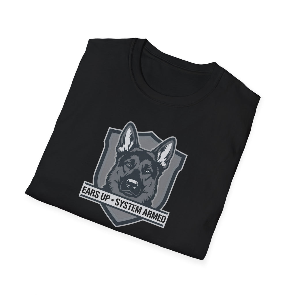 German Shepherd Badge T-Shirt — "Ears Up / System Armed" K9 Handler Tee