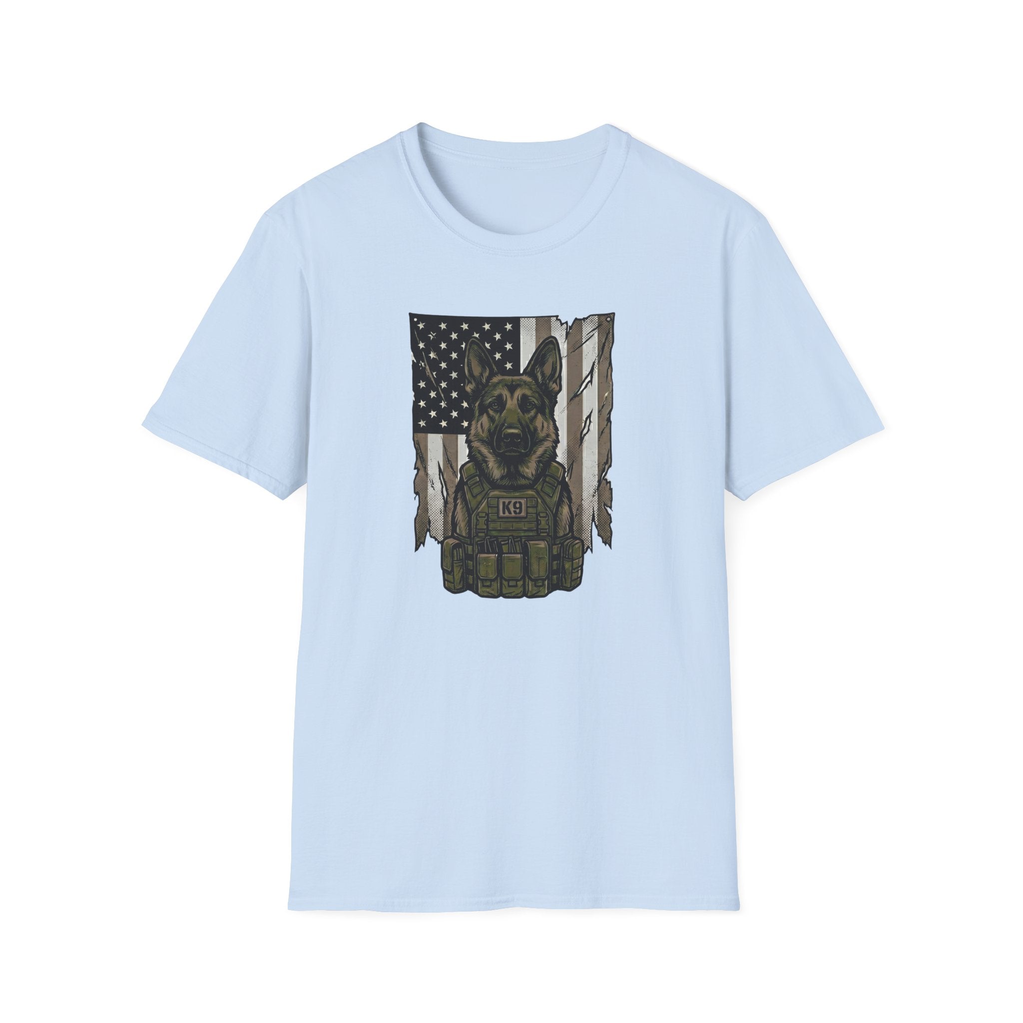 K9 Tactical Dog T-Shirt — Military K9 German Shepherd American Flag Design
