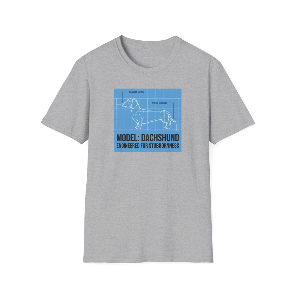 Dachshund Blueprint T-Shirt — "Model: Dachshund Engineered for Stubbornness"
