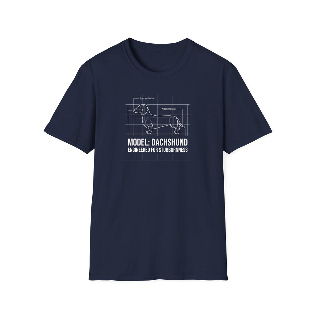 Dachshund Blueprint T-Shirt — "Model: Dachshund Engineered for Stubbornness"