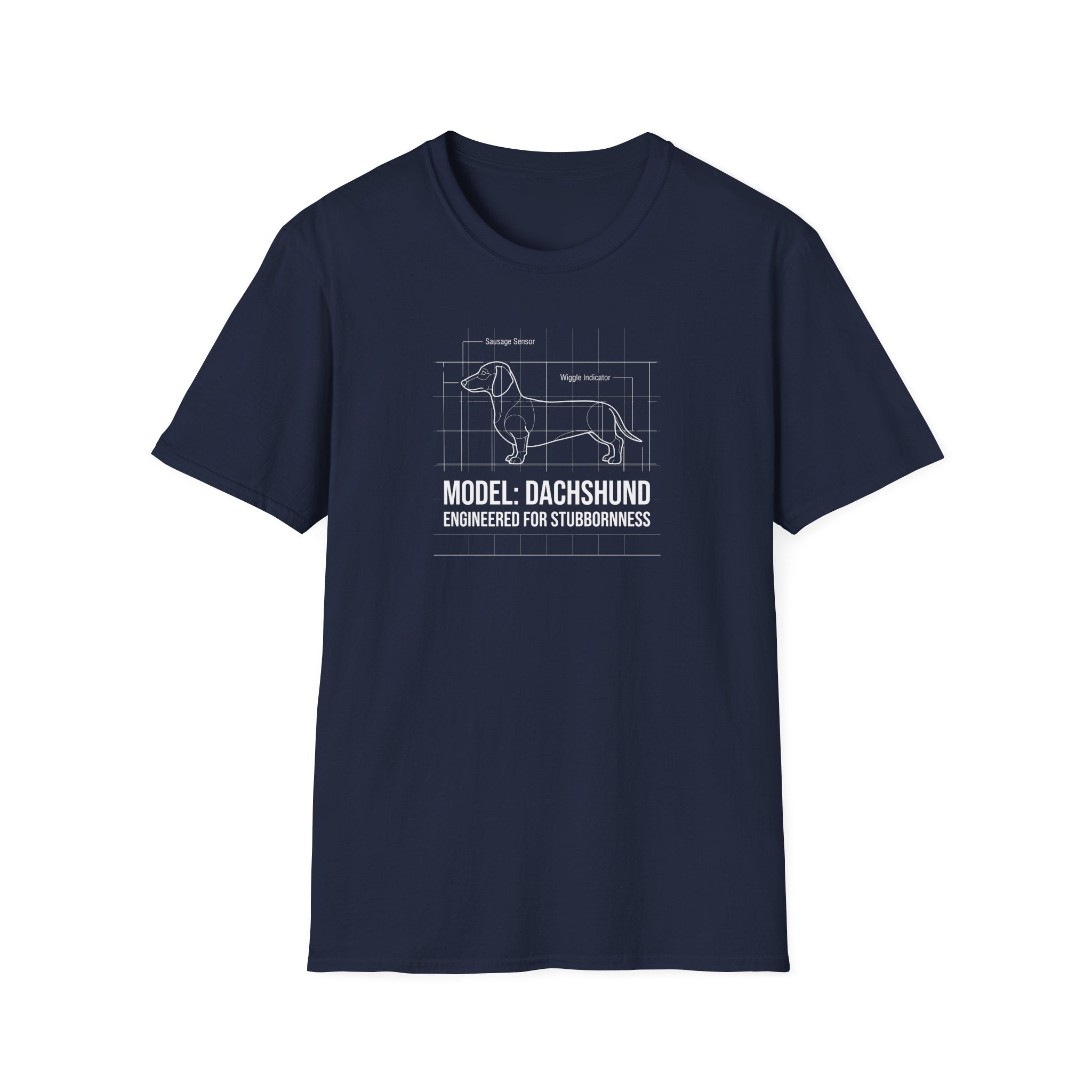 Dachshund Blueprint T-Shirt — "Model: Dachshund Engineered for Stubbornness"