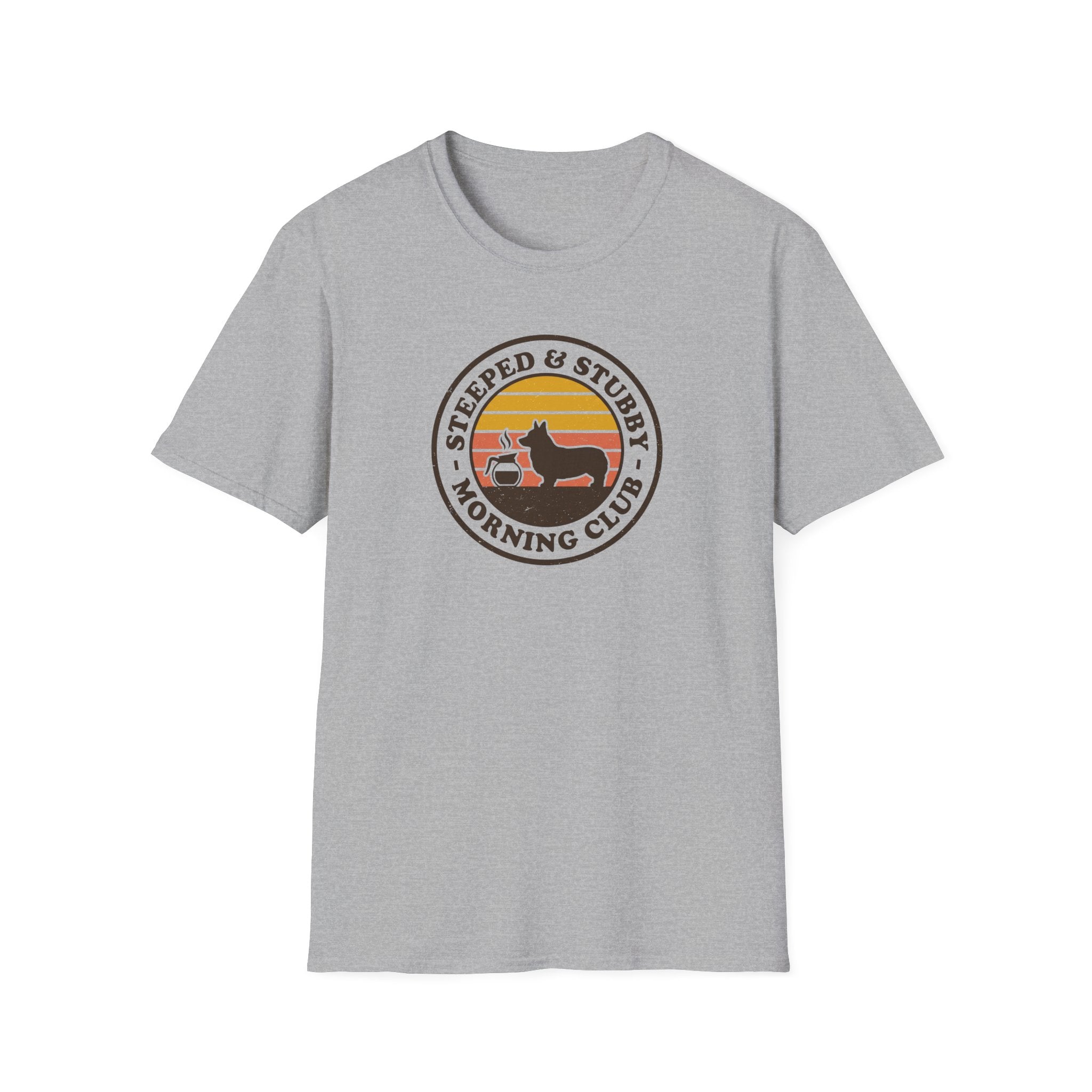 Steeped & Stubby Morning Club T-Shirt — Retro Coffee & Dachshund Logo Tee