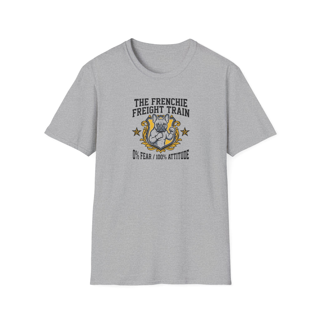 Frenchie Freight Train T-Shirt — "No Fear • 100% Attitude" French Bulldog Graphic Tee