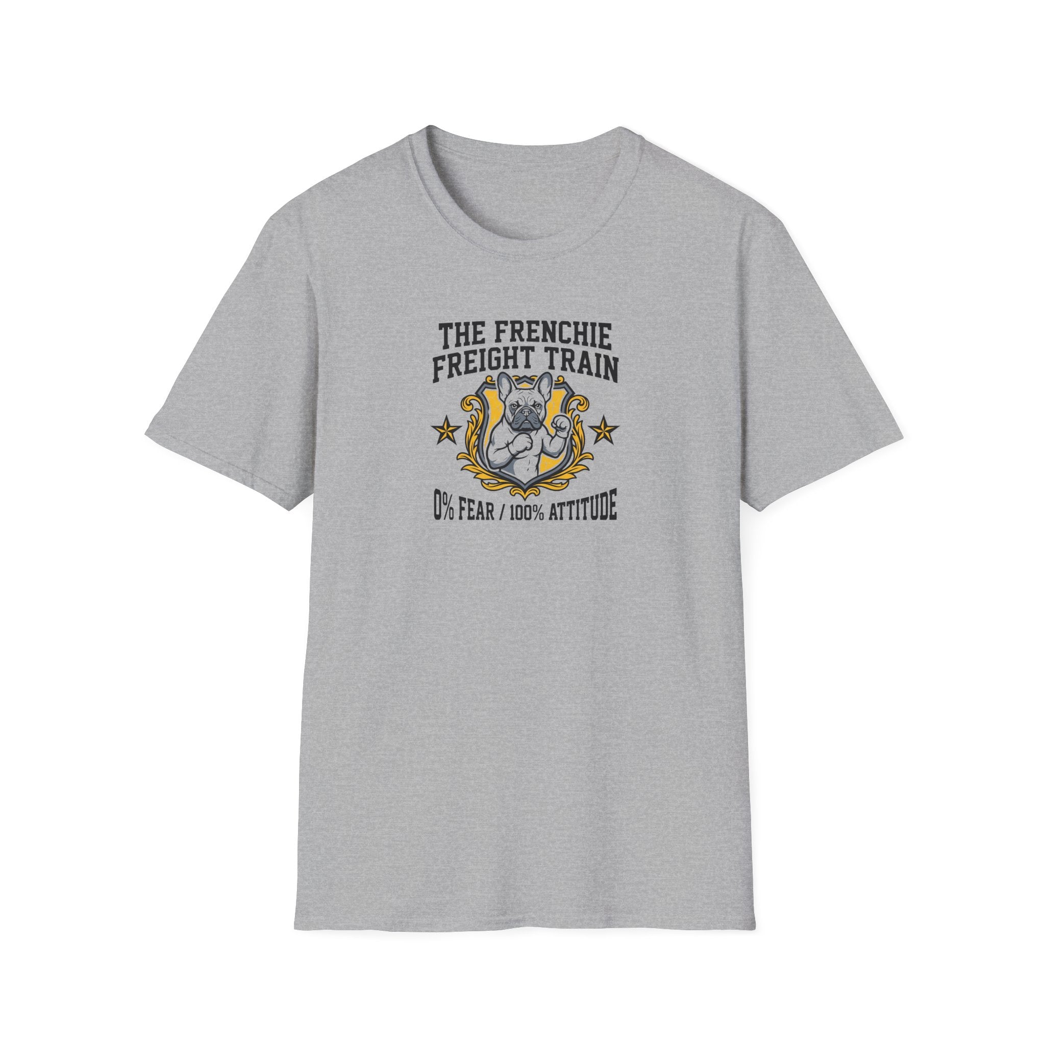 Frenchie Freight Train T-Shirt — "No Fear • 100% Attitude" French Bulldog Graphic Tee
