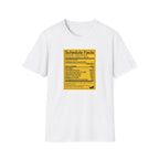 White t-shirt with a yellow 'Schedule Facts' label on a white background