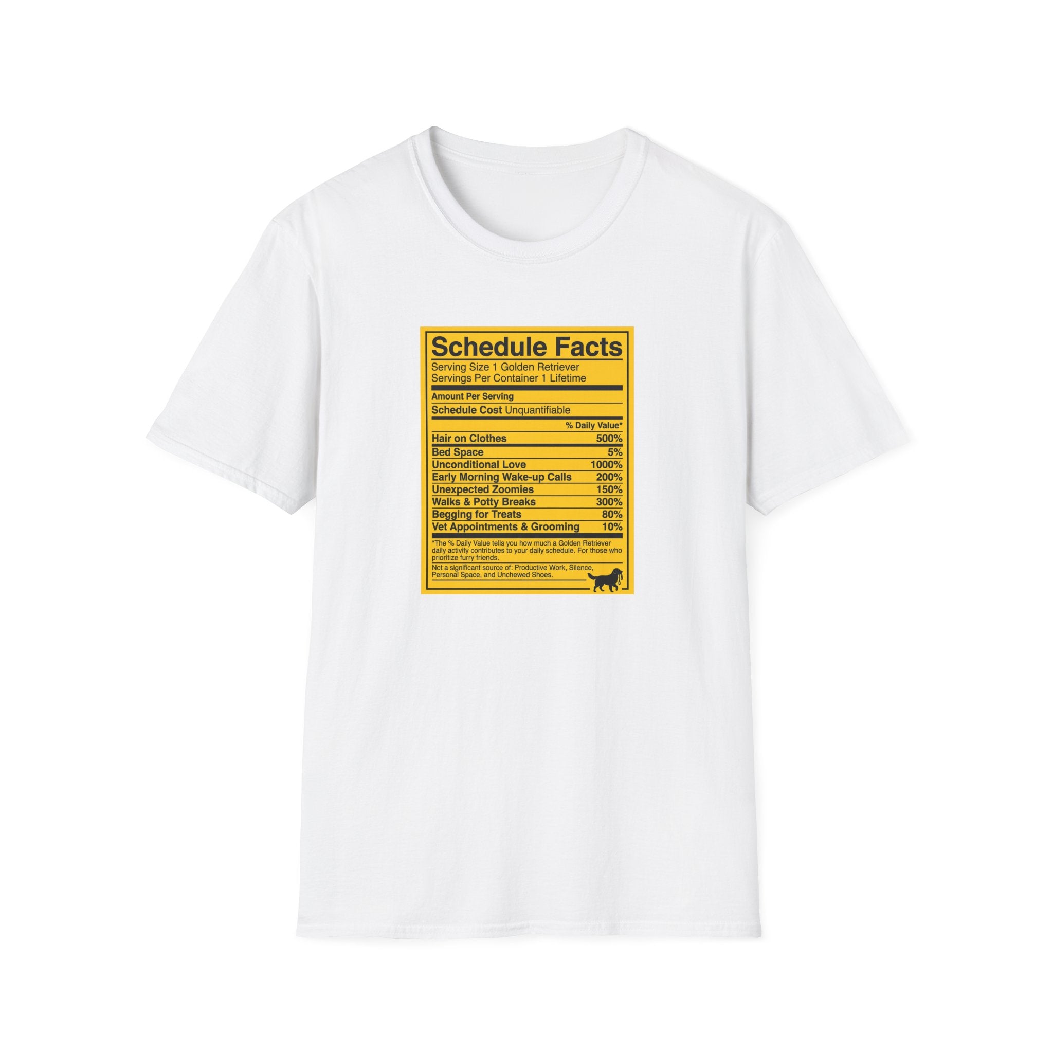 White t-shirt with a yellow 'Schedule Facts' label on a white background