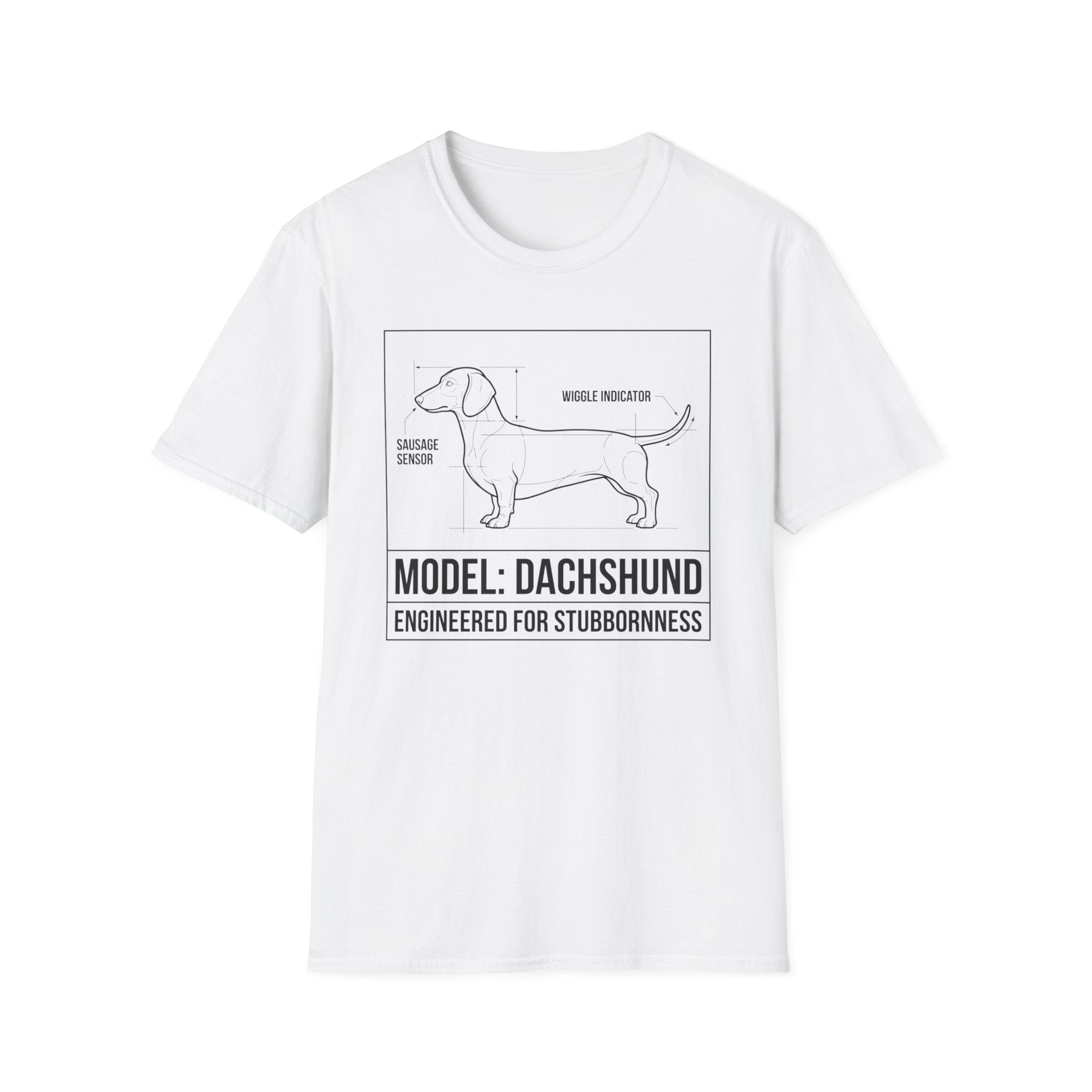 Dachshund T-Shirt – “Model: Dachshund — Engineered for Stubbornness” Graphic Tee