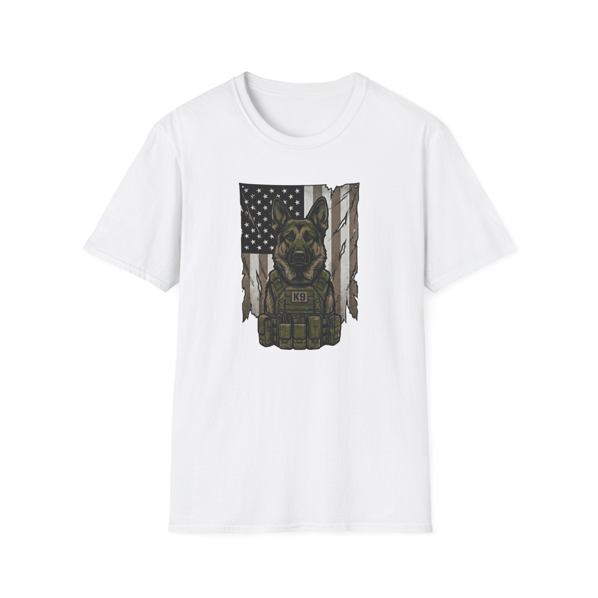 K9 Tactical Dog T-Shirt — Military K9 German Shepherd American Flag Design