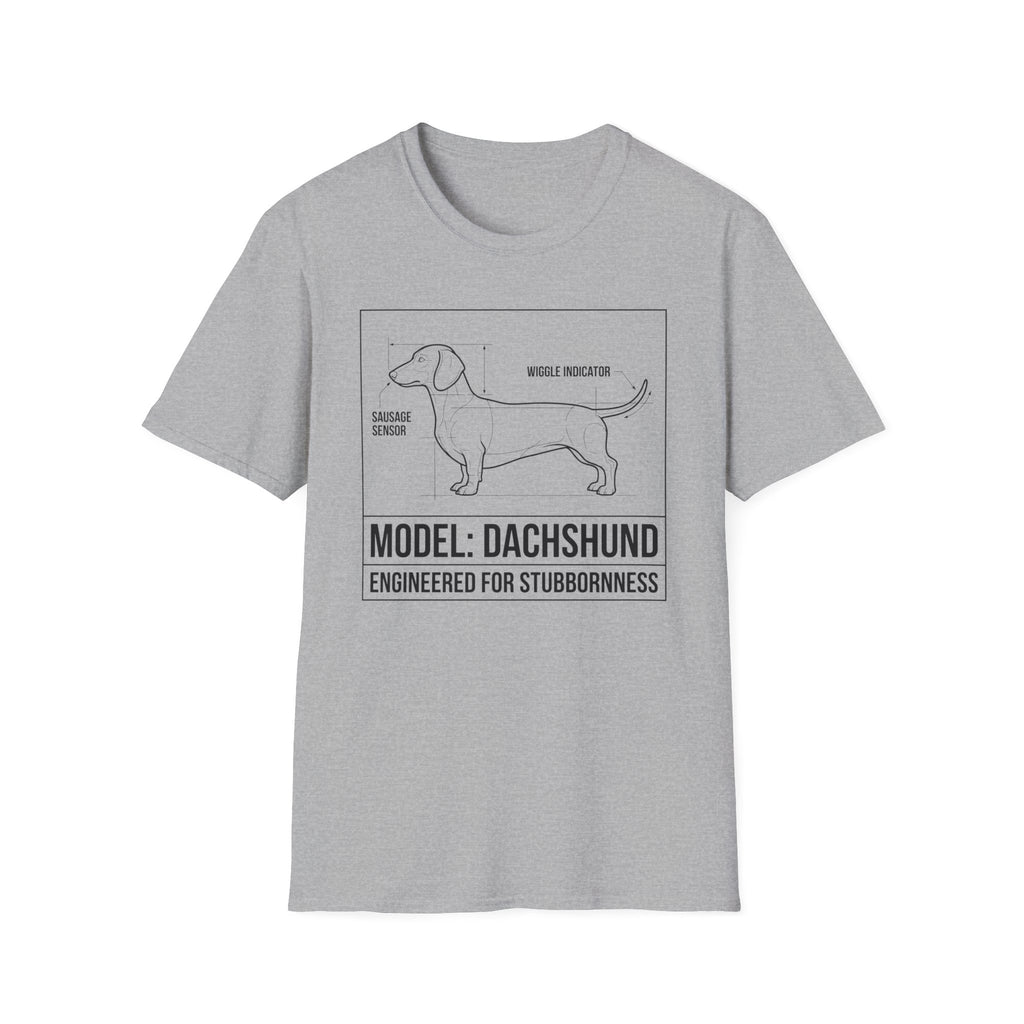 Dachshund T-Shirt – “Model: Dachshund — Engineered for Stubbornness” Graphic Tee