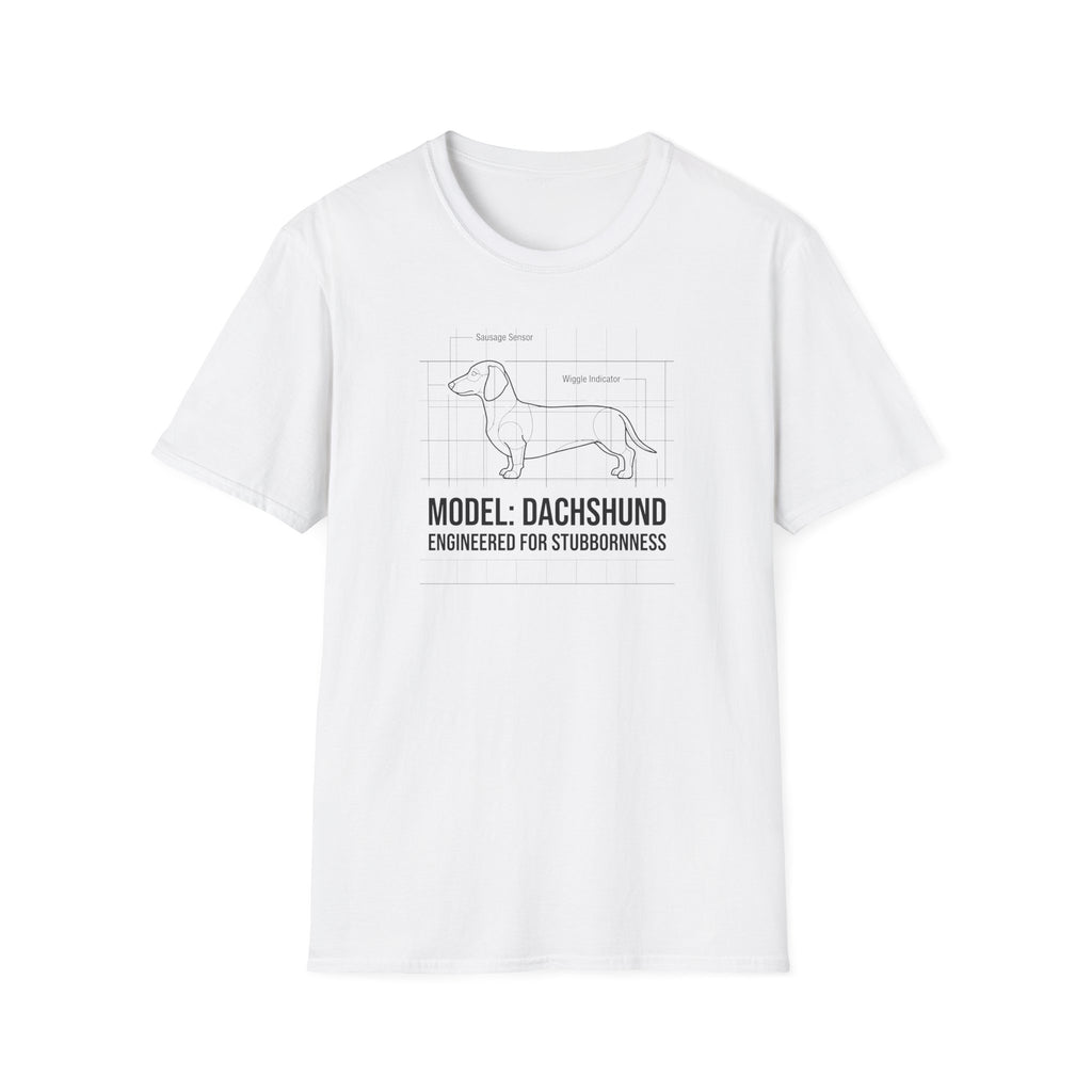 Dachshund Diagram T-Shirt — “Model: Dachshund Engineered for Stubbornness”