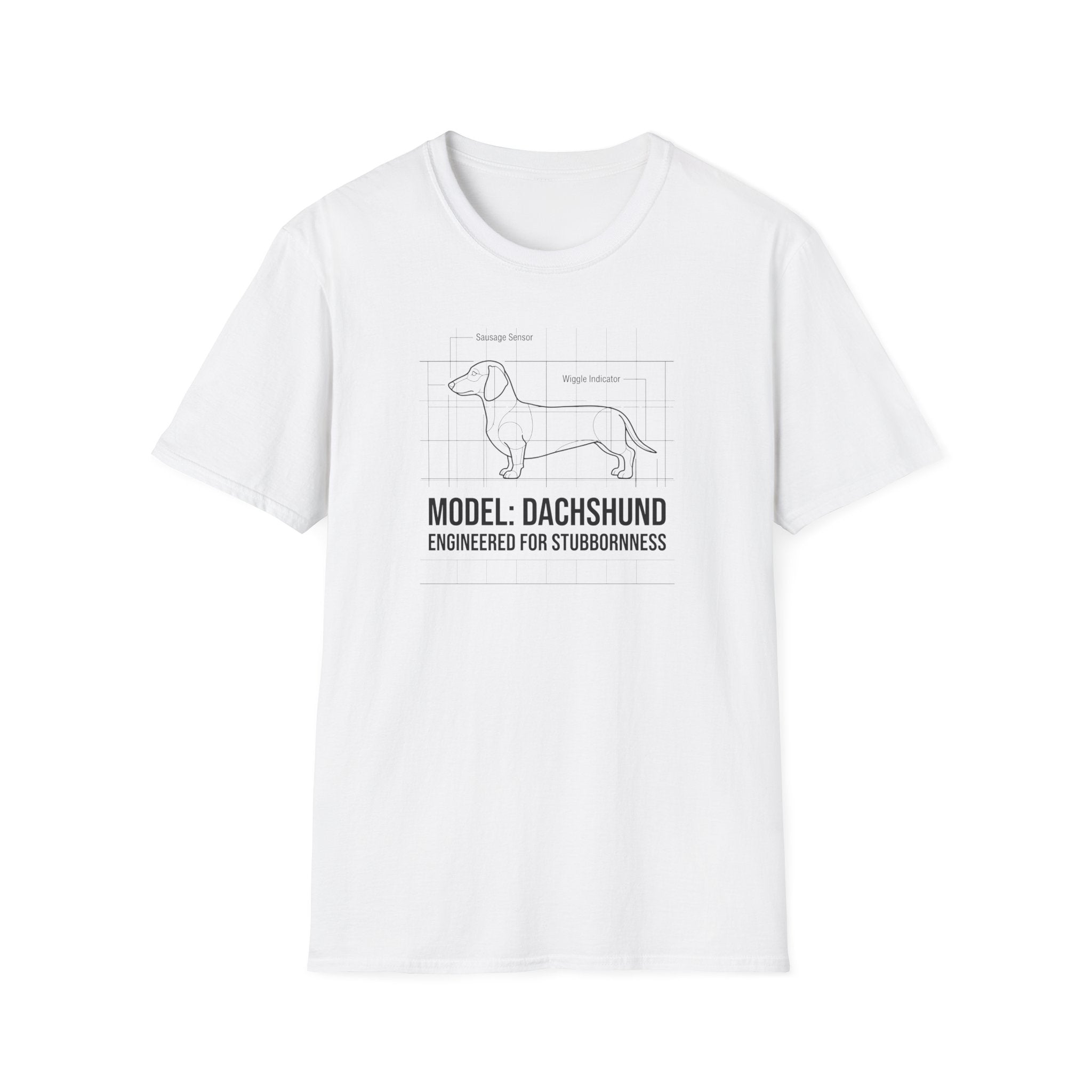 Dachshund Diagram T-Shirt — “Model: Dachshund Engineered for Stubbornness”
