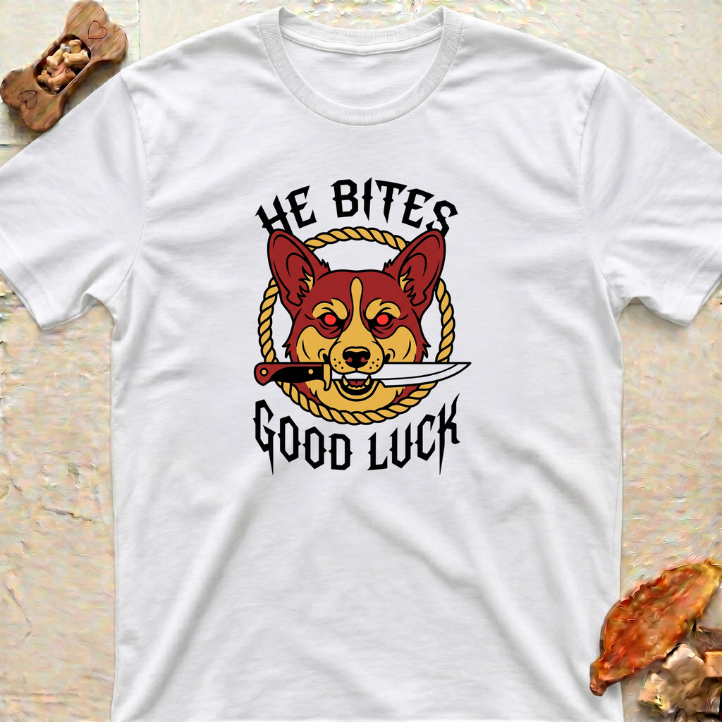 Corgi T-Shirt - He Bites, Good Luck
