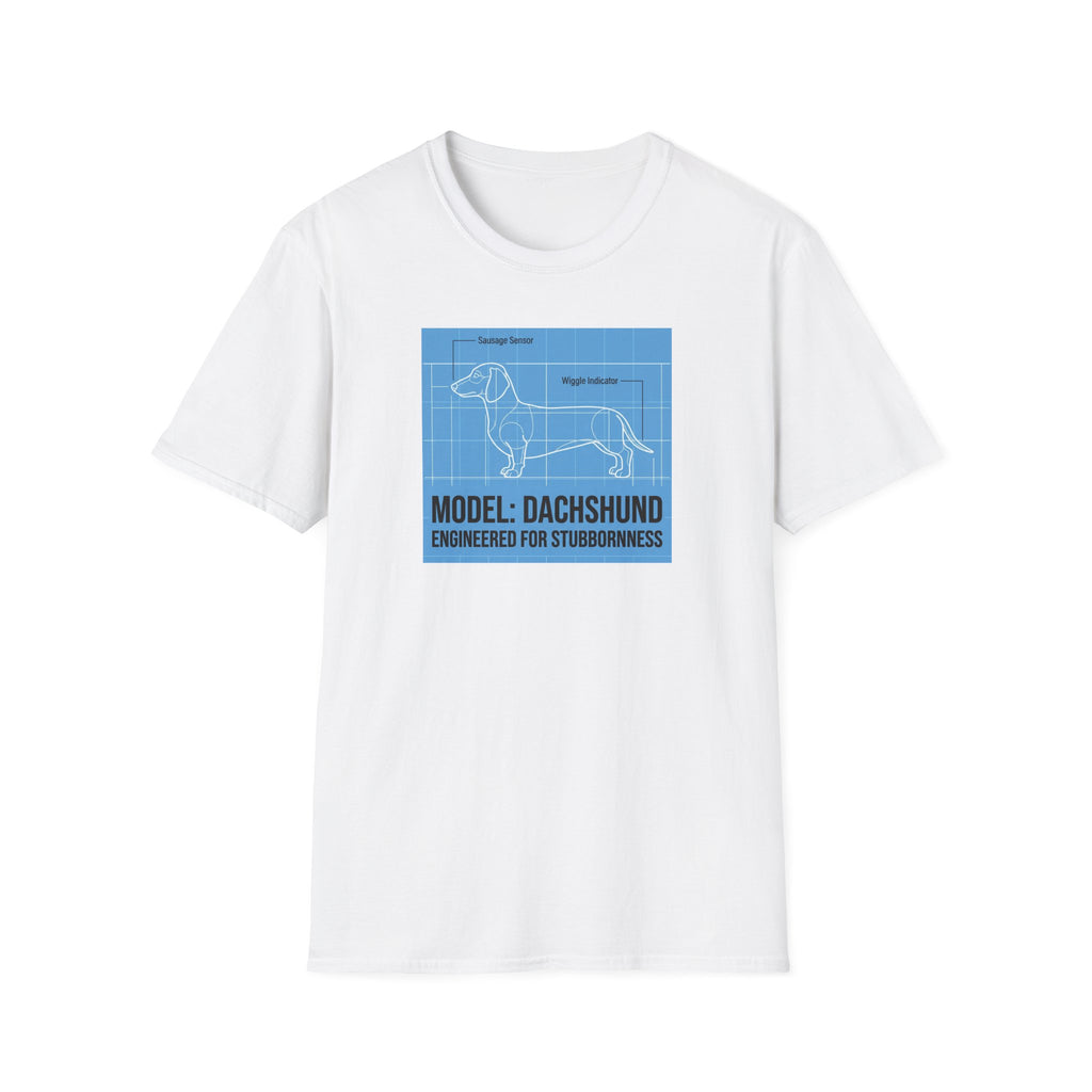 Dachshund Blueprint T-Shirt — "Model: Dachshund Engineered for Stubbornness"
