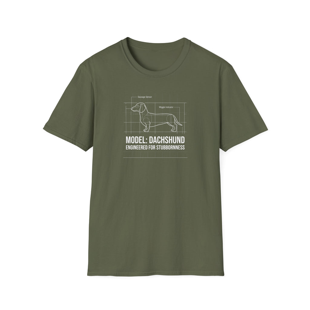 Dachshund Blueprint T-Shirt — "Model: Dachshund Engineered for Stubbornness"
