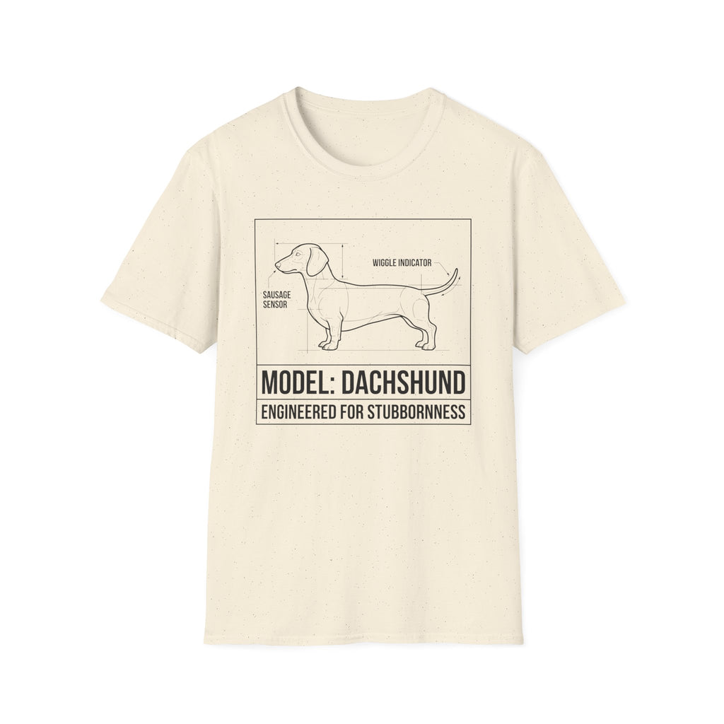 Dachshund T-Shirt – “Model: Dachshund — Engineered for Stubbornness” Graphic Tee
