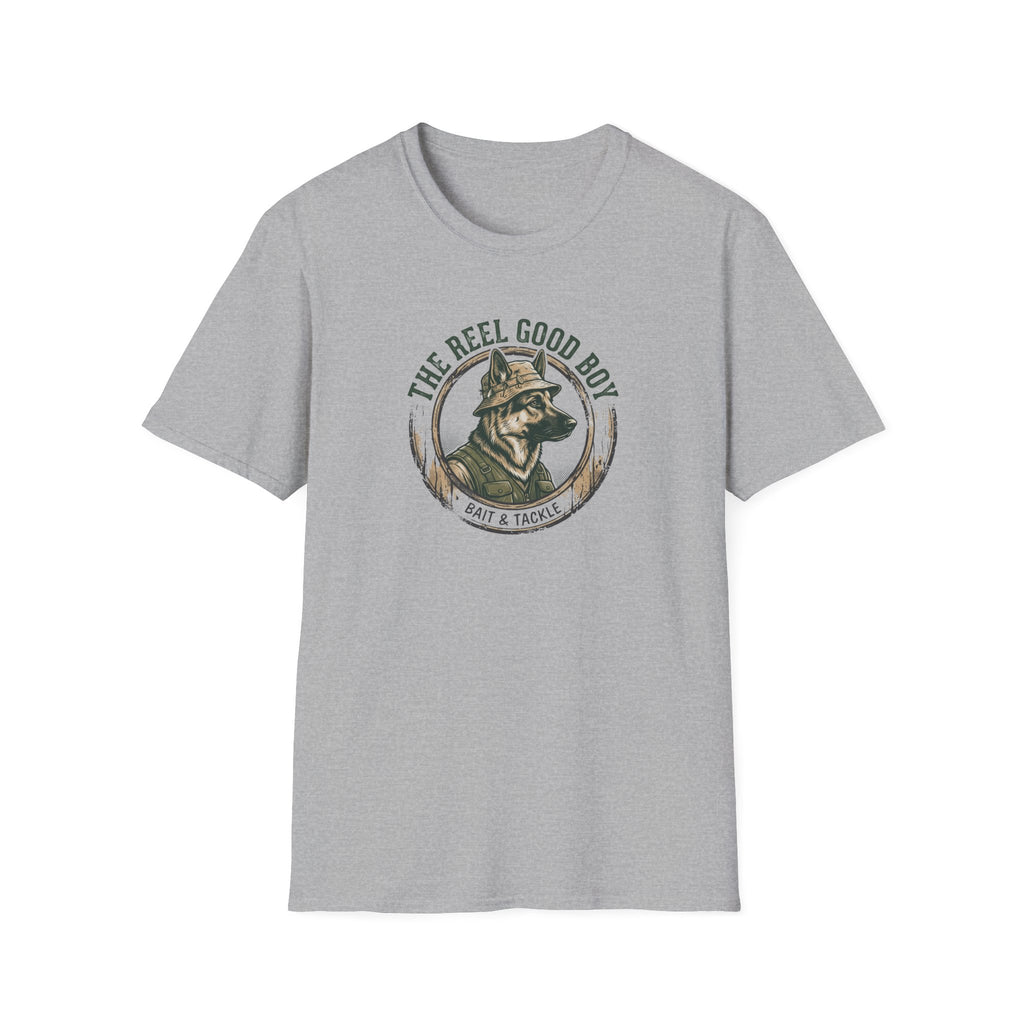 T-Shirt — “The Reel Good Boy” Fishing German Shepherd Graphic Tee