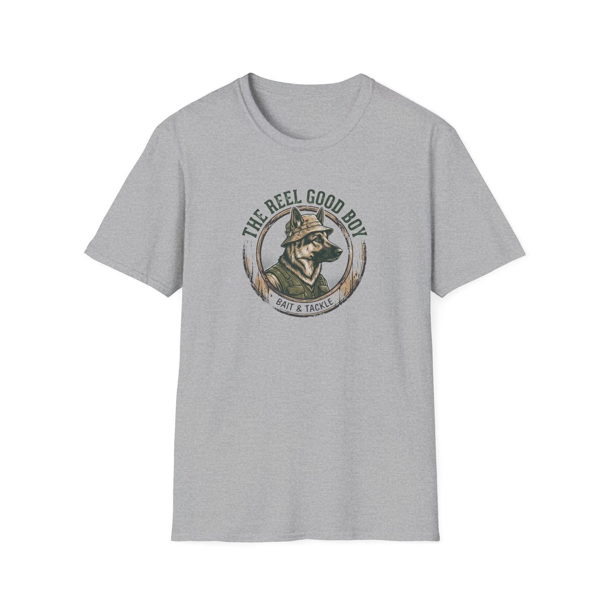 T-Shirt — “The Reel Good Boy” Fishing German Shepherd Graphic Tee
