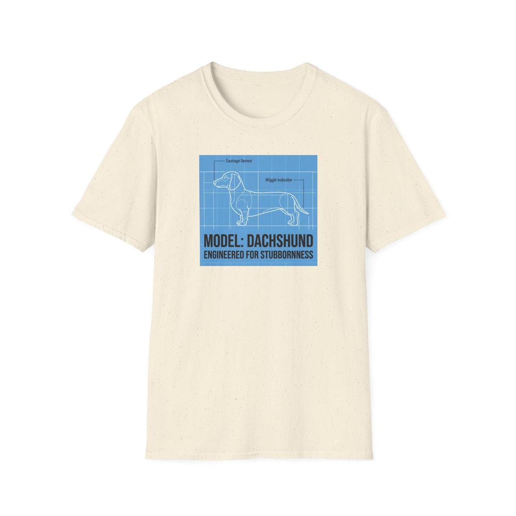 Dachshund Blueprint T-Shirt — "Model: Dachshund Engineered for Stubbornness"