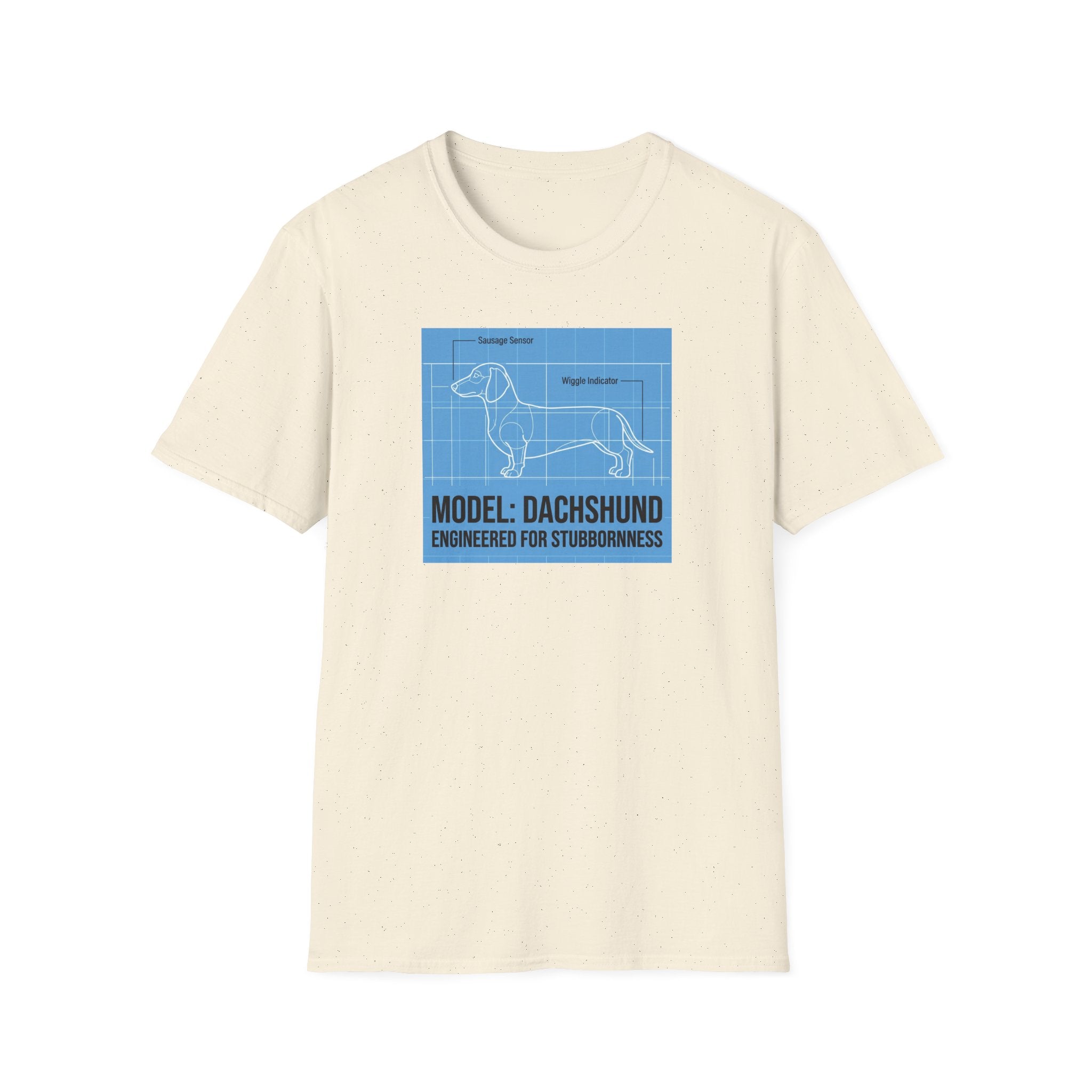 Dachshund Blueprint T-Shirt — "Model: Dachshund Engineered for Stubbornness"