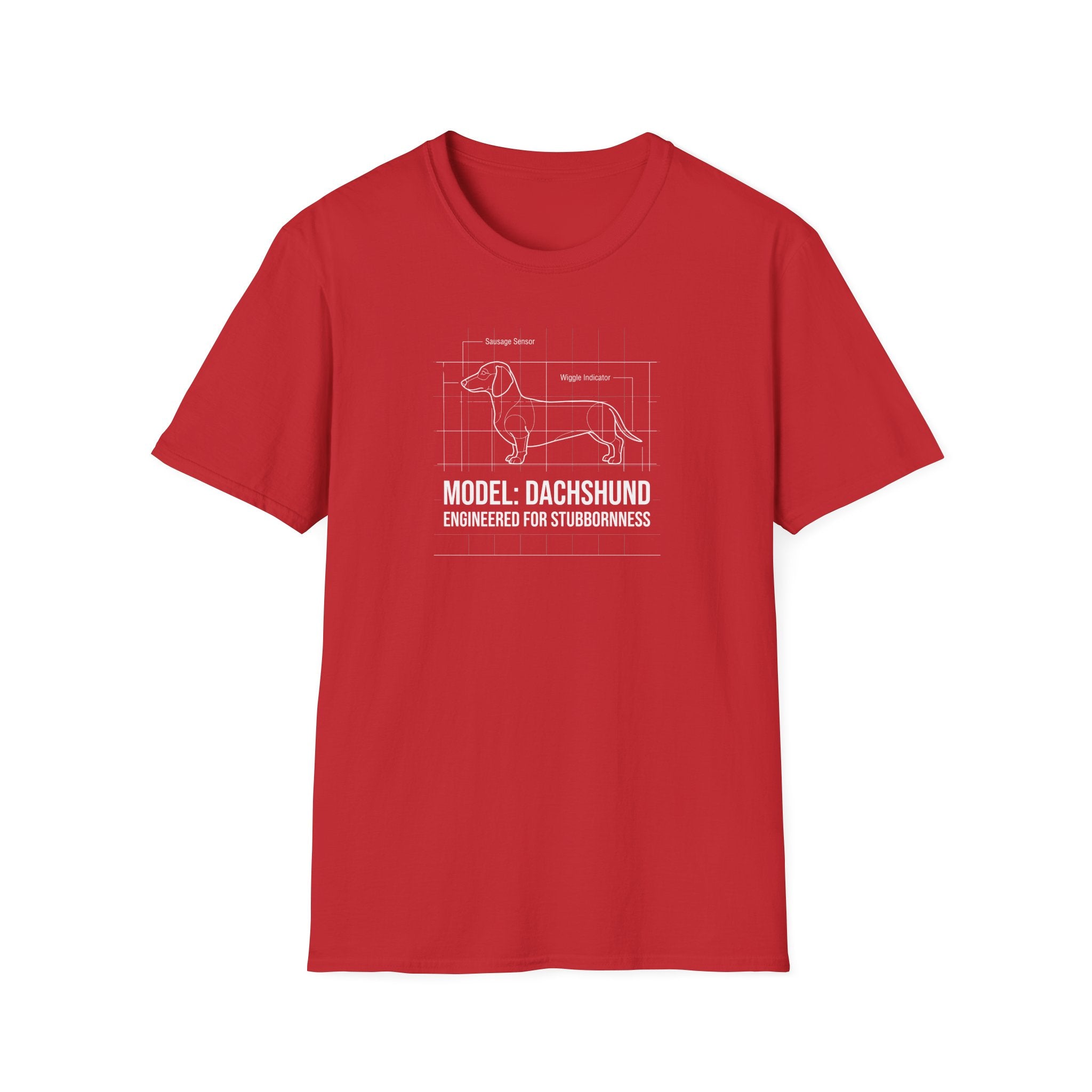 Dachshund Blueprint T-Shirt — "Model: Dachshund Engineered for Stubbornness"