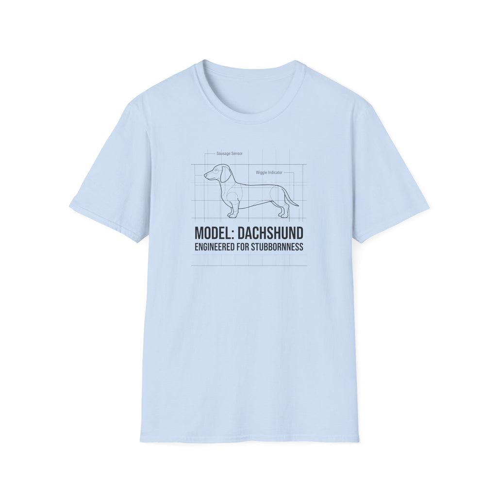 Dachshund Diagram T-Shirt — “Model: Dachshund Engineered for Stubbornness”