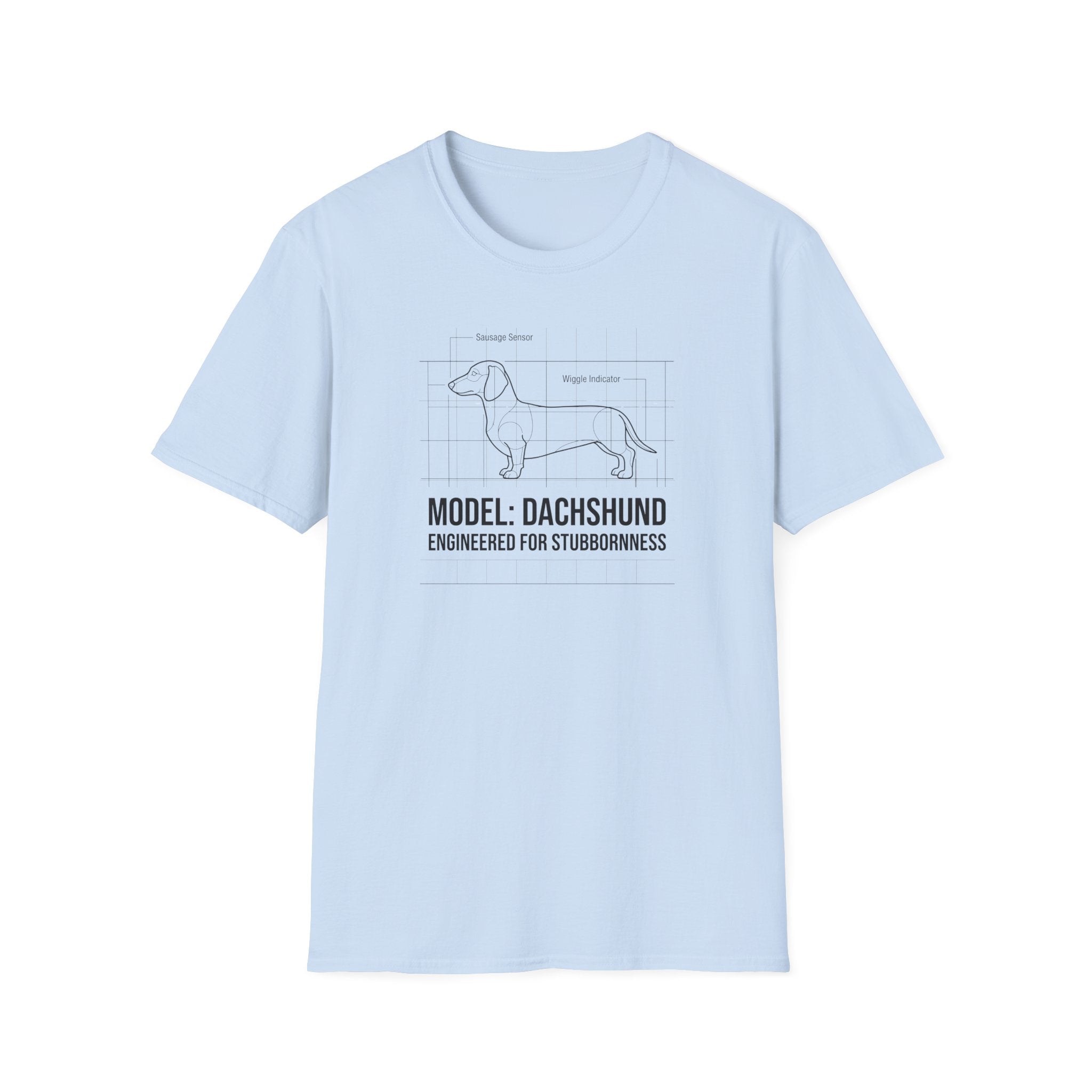 Dachshund Diagram T-Shirt — “Model: Dachshund Engineered for Stubbornness”