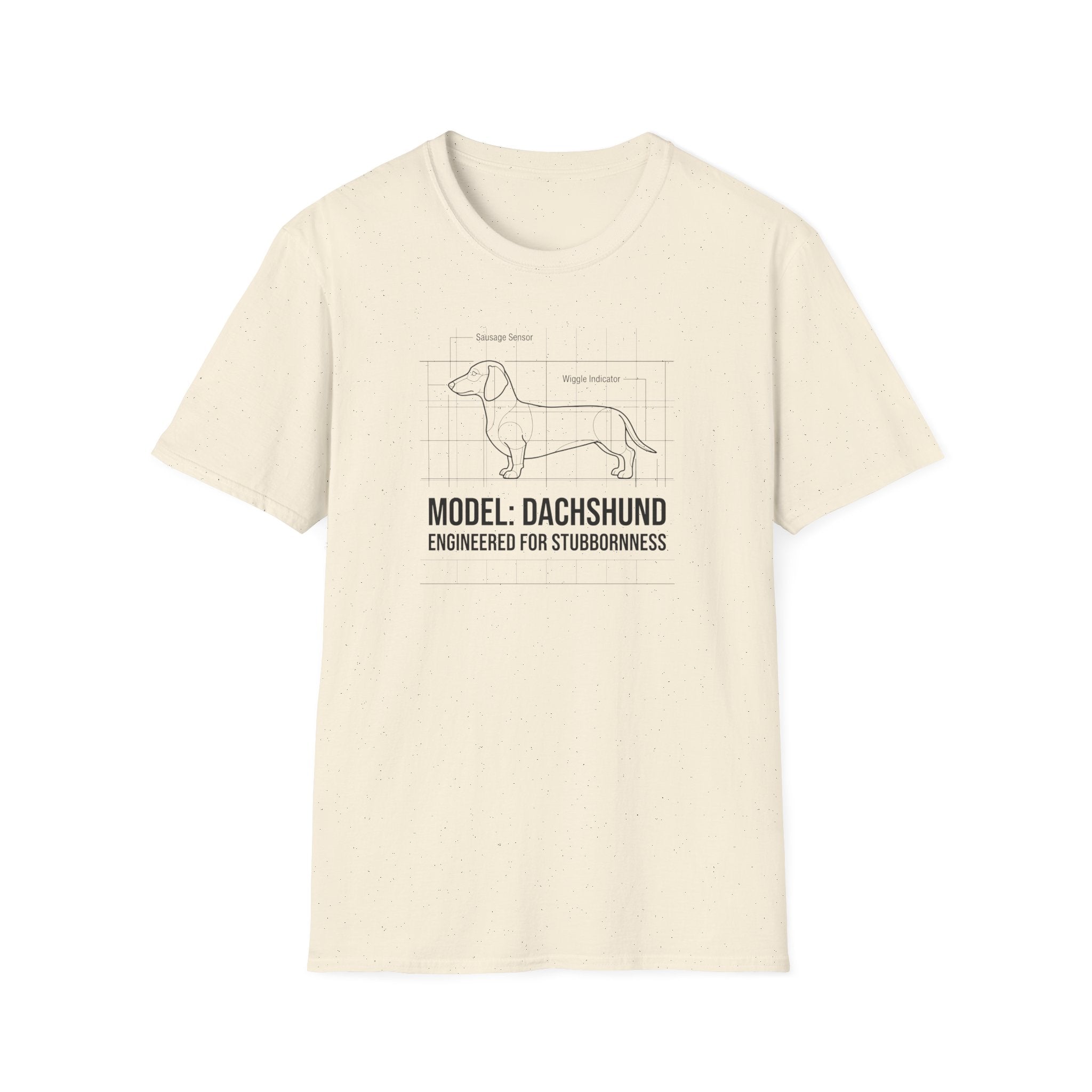 Dachshund Diagram T-Shirt — “Model: Dachshund Engineered for Stubbornness”