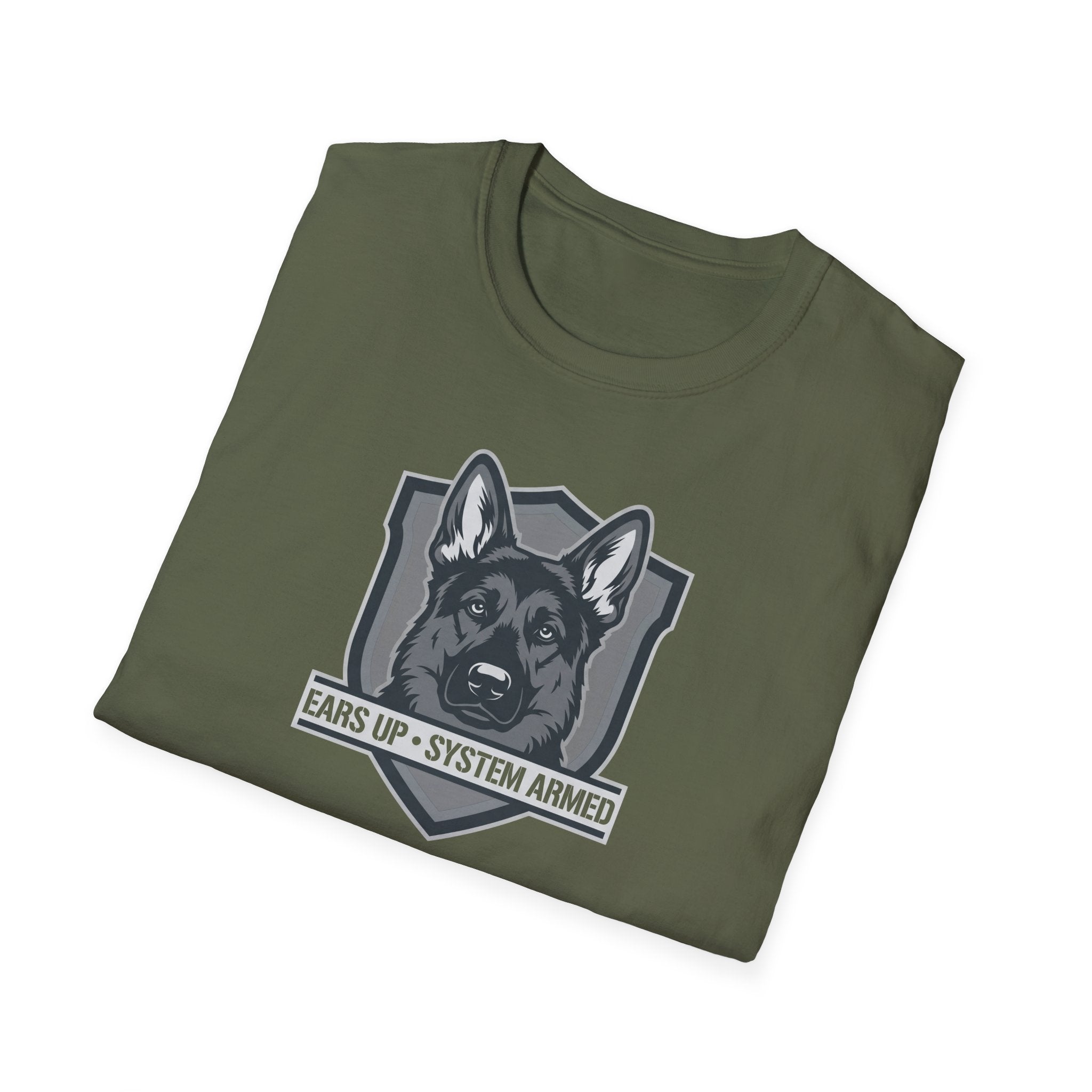 German Shepherd Badge T-Shirt — "Ears Up / System Armed" K9 Handler Tee