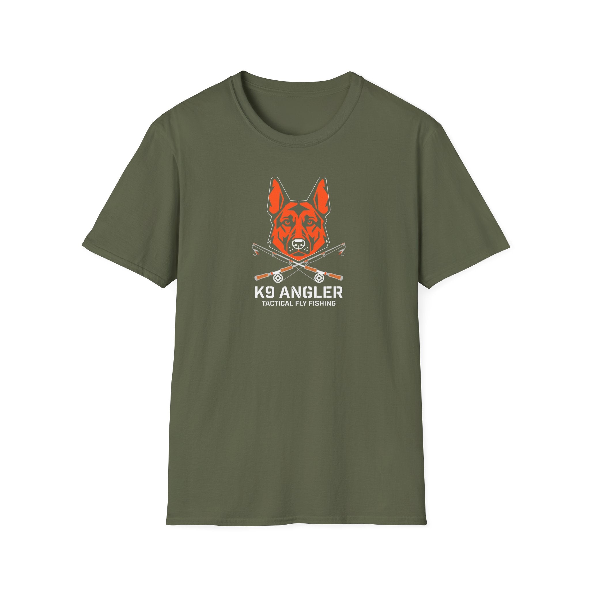 K9 Angler T‑Shirt — Tactical Fly Fishing Dog Design