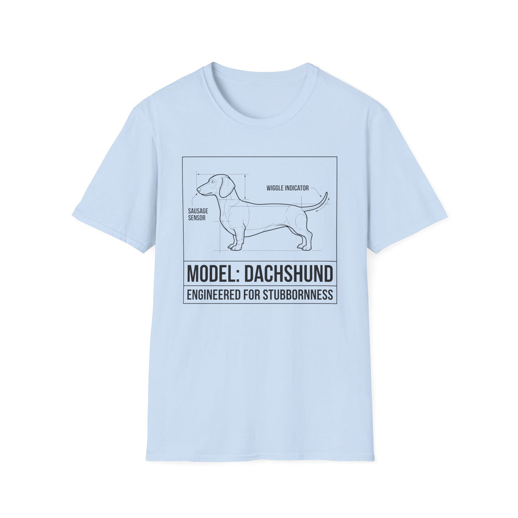 Dachshund T-Shirt – “Model: Dachshund — Engineered for Stubbornness” Graphic Tee