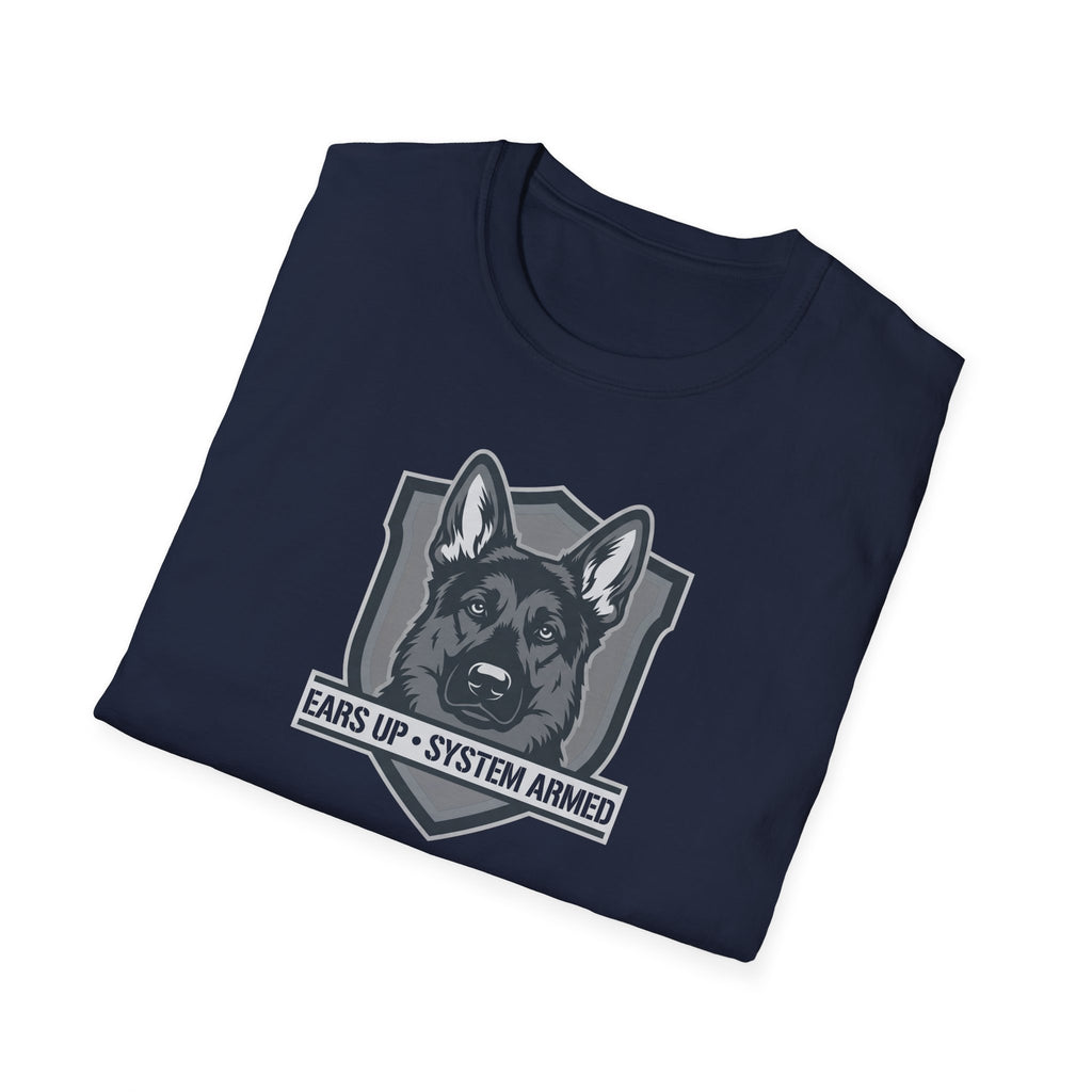 German Shepherd Badge T-Shirt — "Ears Up / System Armed" K9 Handler Tee