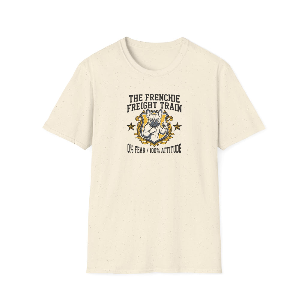 Frenchie Freight Train T-Shirt — "No Fear • 100% Attitude" French Bulldog Graphic Tee