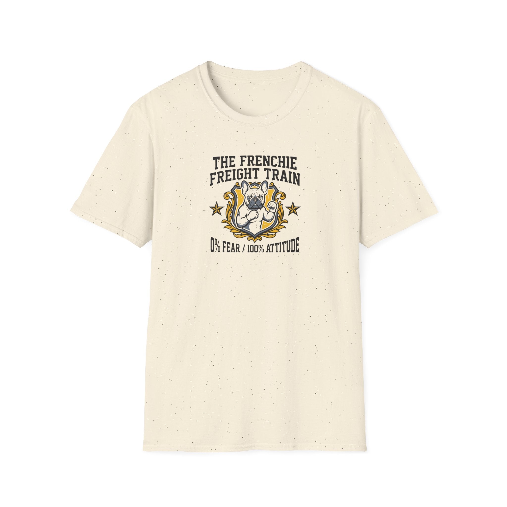Frenchie Freight Train T-Shirt — "No Fear • 100% Attitude" French Bulldog Graphic Tee