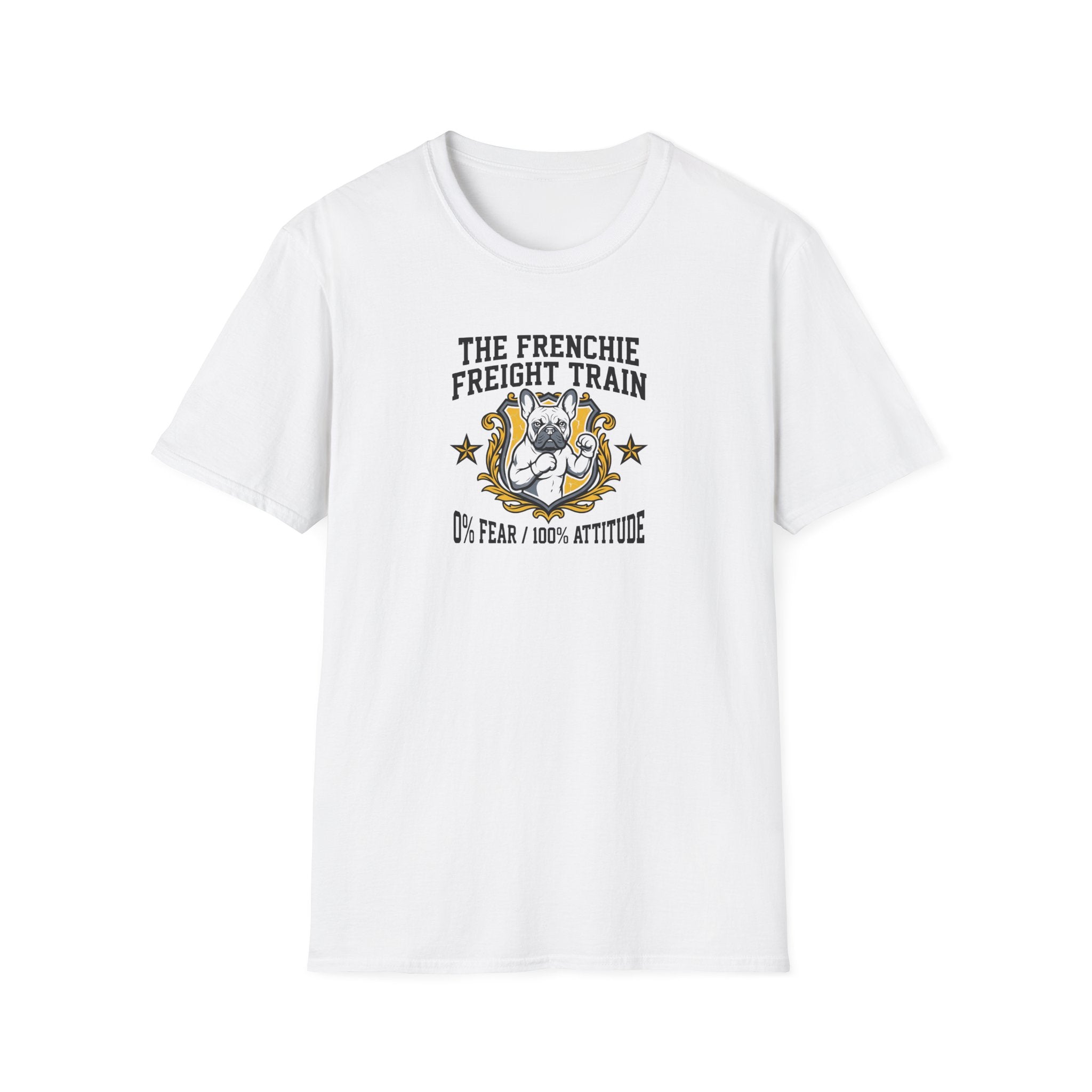 Frenchie Freight Train T-Shirt — "No Fear • 100% Attitude" French Bulldog Graphic Tee