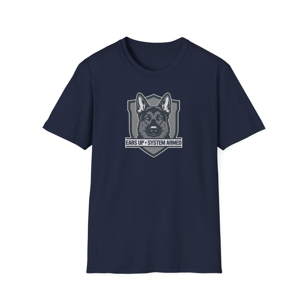 German Shepherd Badge T-Shirt — "Ears Up / System Armed" K9 Handler Tee