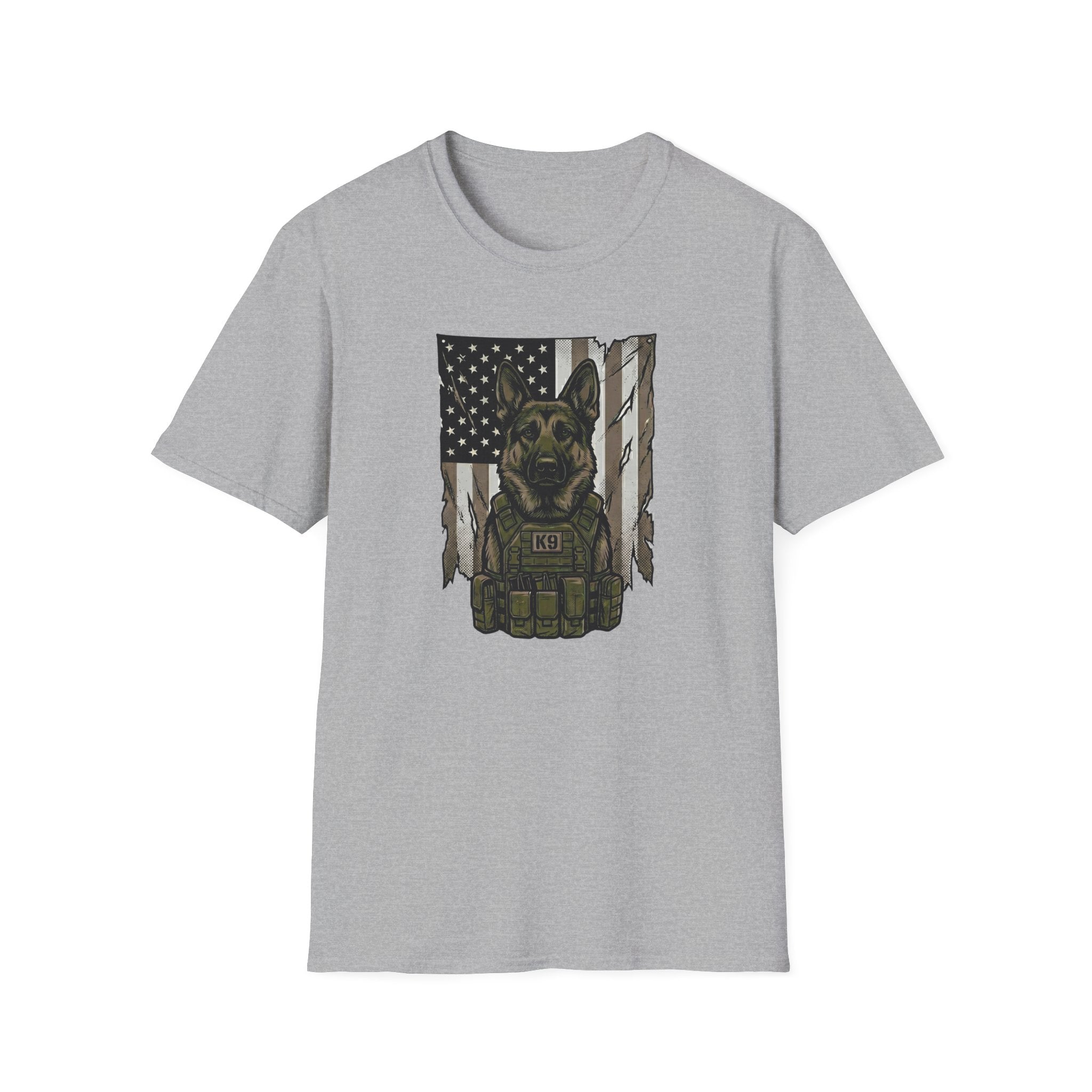 K9 Tactical Dog T-Shirt — Military K9 German Shepherd American Flag Design