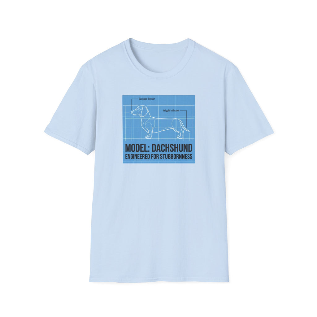 Dachshund Blueprint T-Shirt — "Model: Dachshund Engineered for Stubbornness"